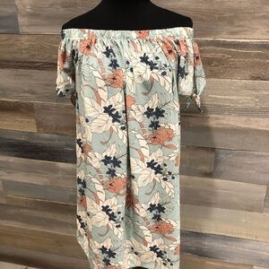 Soprano S muted tones tropical print off shoulder tunic dress
